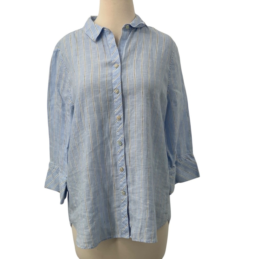 Chico's 3/4 Sleeve Button Down Shirt Blue/White Striped Linen No Iron Size 1/Med